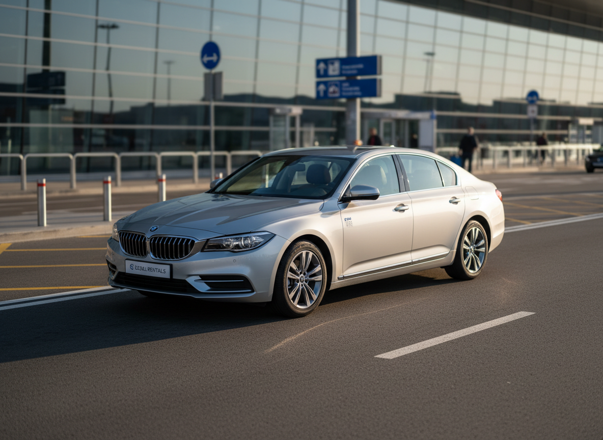 A sleek, late-model silver sedan with clean lines and polished chrome accents parked at the front of a modern airport terminal pickup zone. The car’s glossy paint reflects the glass facade and subtle blue signage of the terminal, emphasizing professionalism and reliability. Soft late-afternoon natural light creates gentle highlights along the car’s contours and casts a crisp shadow on the smooth asphalt. The background is tastefully blurred, showing clear lane markings, minimalist wayfinding signs, and hints of other vehicles without distraction. Photographic realism with an eye-level, slightly angled composition, sharp focus on the rental car, and a calm, efficient mood that communicates transparent, hassle-free airport car rentals.